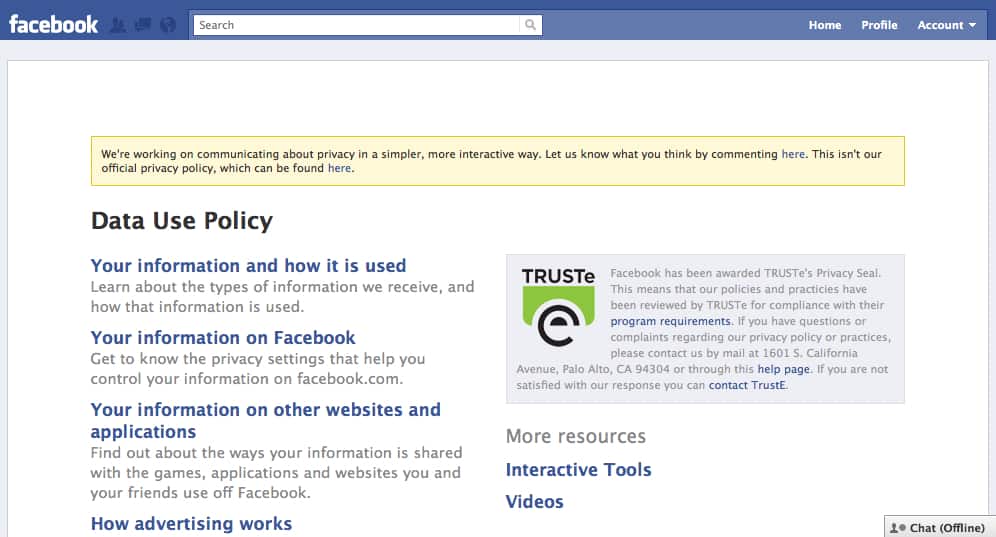 Facebook's New Privacy Policy Page