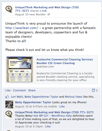 Example of how UniqueThink uses Facebook to highlight client's work