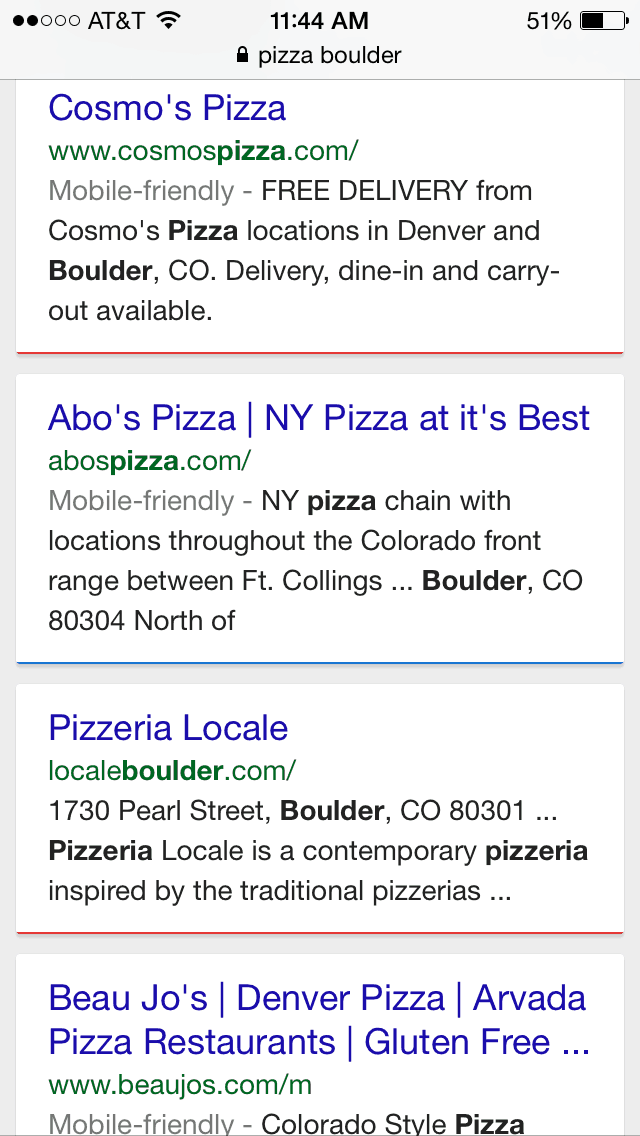 mobile search results for boulder pizza